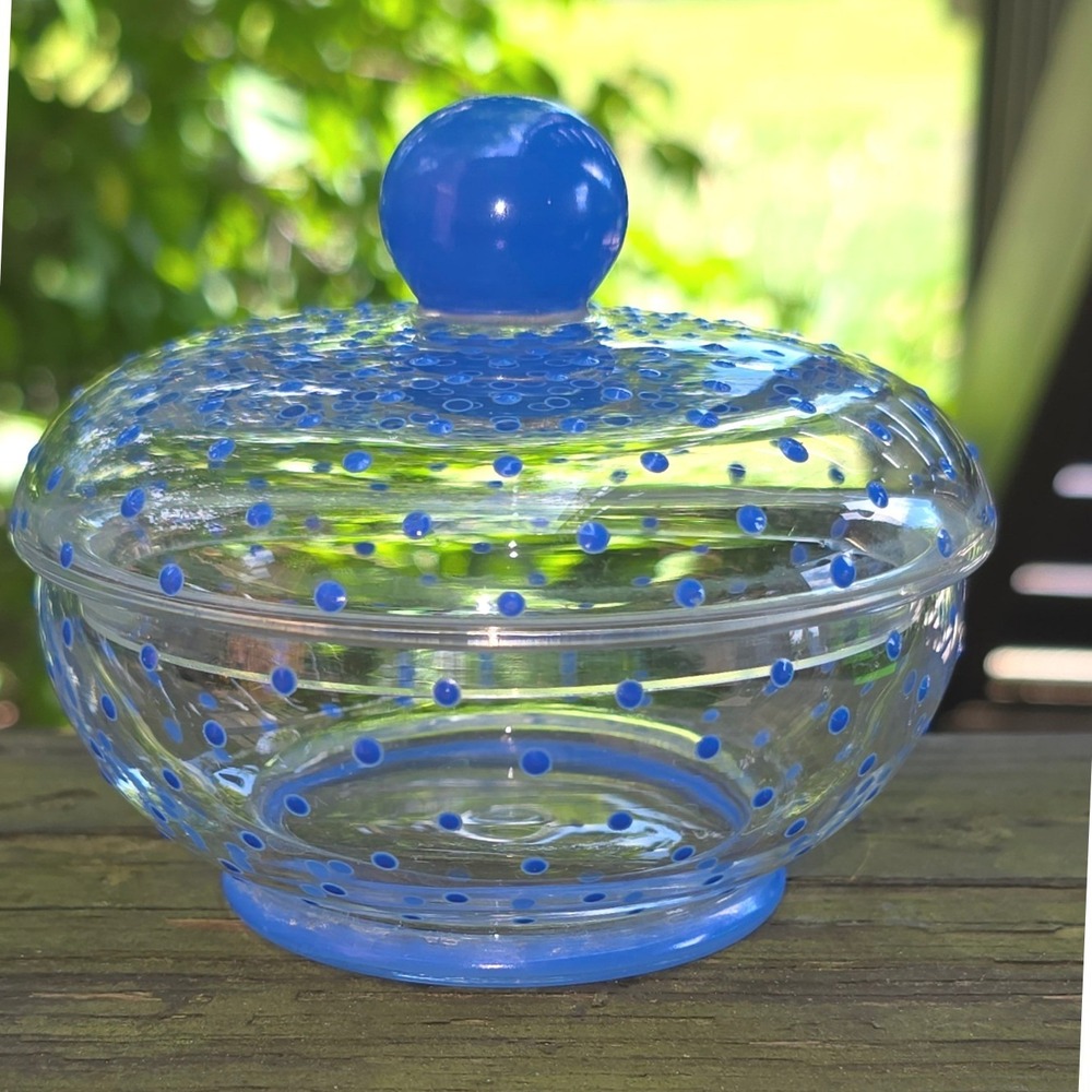 Vintage Hand-Painted Blue Polka Dot Glass Candy Dish with Lid